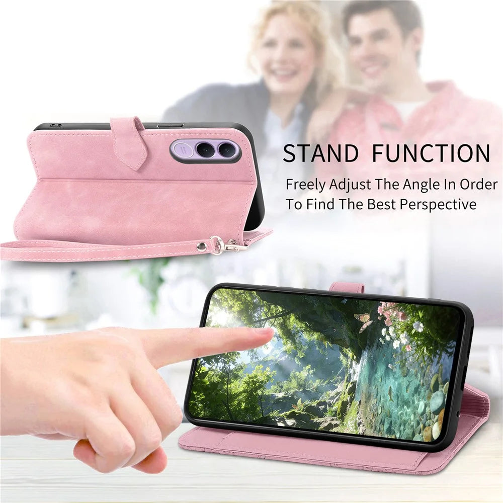 For vivo V70 FE 5G Zipper Wallet Case with Strap Flower Imprint PU Leather Phone Cover - Pink - 6
