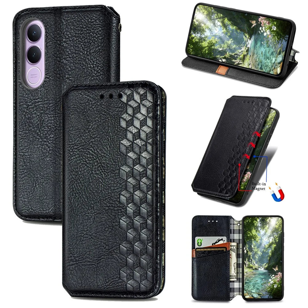 For vivo V70 FE 5G Case Rhombus Imprint PU Leather Wallet Phone Cover - Black - 1