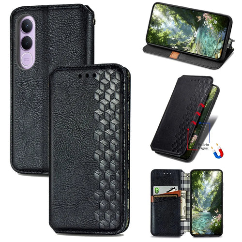 For vivo V70 FE 5G Case Rhombus Imprint PU Leather Wallet Phone Cover - Black - 1