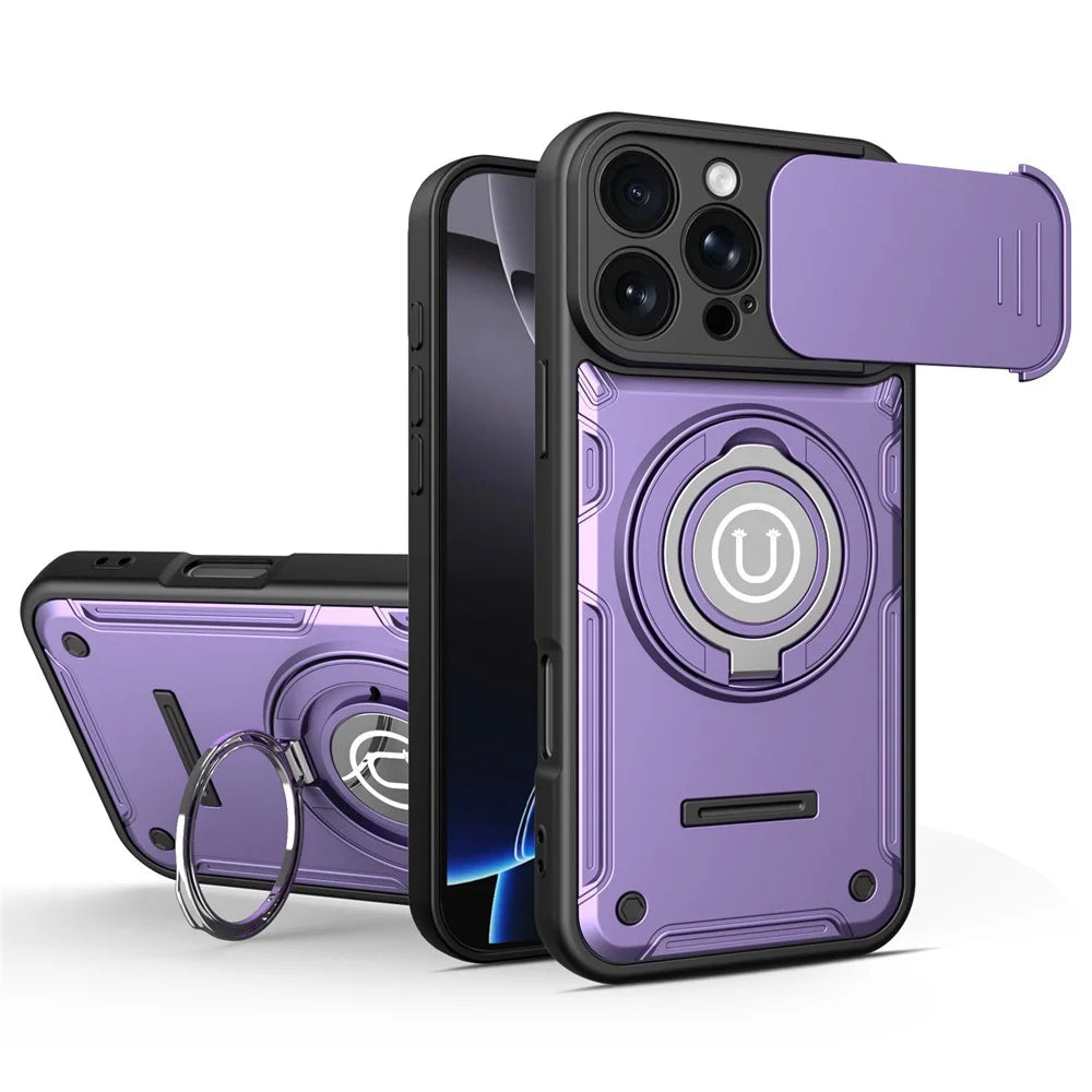 For iPhone 16 Pro Case with Slide Camera Cover Ring Kickstand PC + TPU Phone Shell - Purple - 1