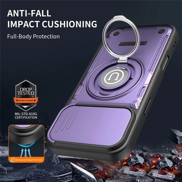 For iPhone 16 Pro Case with Slide Camera Cover Ring Kickstand PC + TPU Phone Shell - Purple - 4
