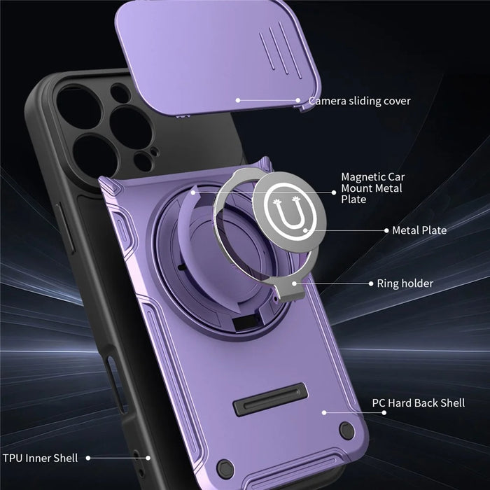 For iPhone 16 Pro Case with Slide Camera Cover Ring Kickstand PC + TPU Phone Shell - Purple - 5