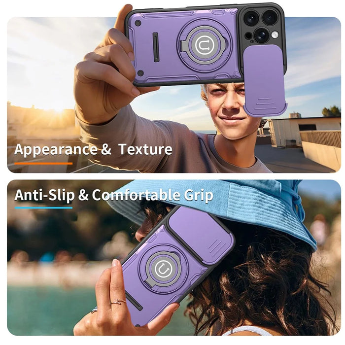For iPhone 16 Pro Case with Slide Camera Cover Ring Kickstand PC + TPU Phone Shell - Purple - 6