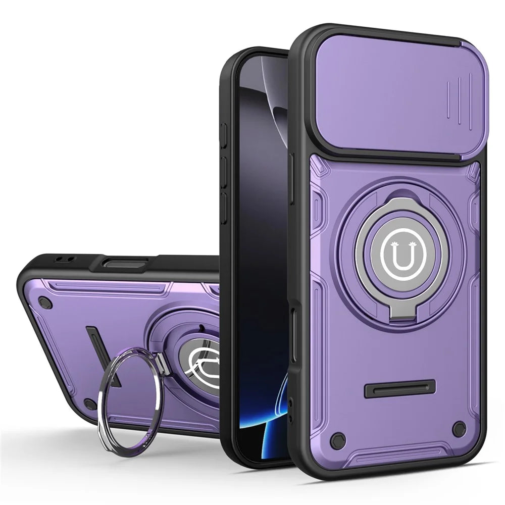 For iPhone 16 Pro Max Case with Slide Camera Cover Ring Kickstand PC + TPU Phone Shell - Purple - 2