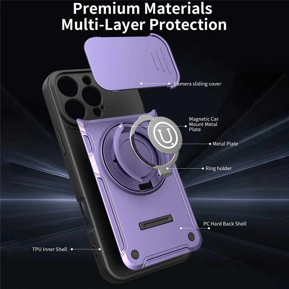 For iPhone 16 Pro Max Case with Slide Camera Cover Ring Kickstand PC + TPU Phone Shell - Purple - 5
