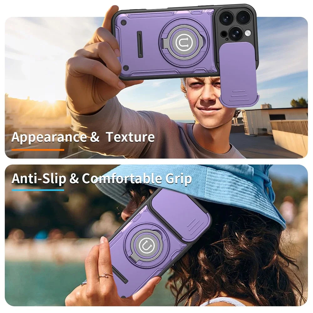 For iPhone 16 Pro Max Case with Slide Camera Cover Ring Kickstand PC + TPU Phone Shell - Purple - 6