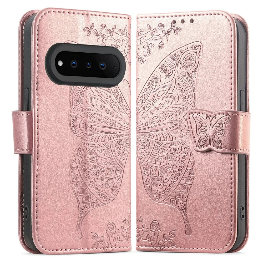 For Natural AI Phone Case with Strap Butterfly Pattern PU Leather Wallet Phone Cover - Rose Gold - 1
