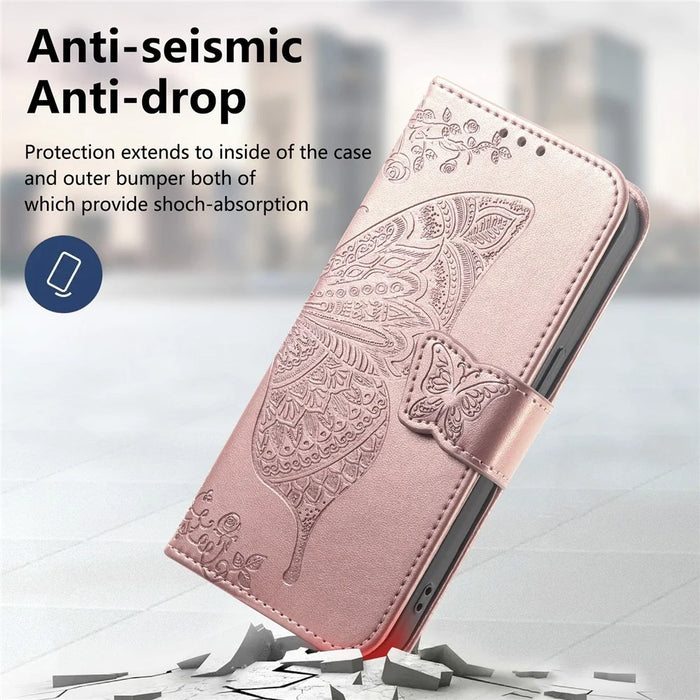 For Natural AI Phone Case with Strap Butterfly Pattern PU Leather Wallet Phone Cover - Rose Gold - 6