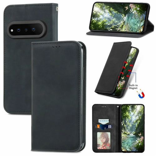 For Natural AI Phone Leather Case with Card Holder Magnetic Absorption Phone Cover - Black - 1