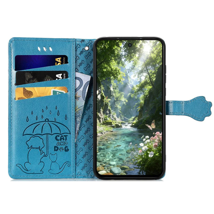 For Natural AI Phone Case Flip Wallet Leather Phone Cover with Cute Cat Dog Pattern - Blue - 2