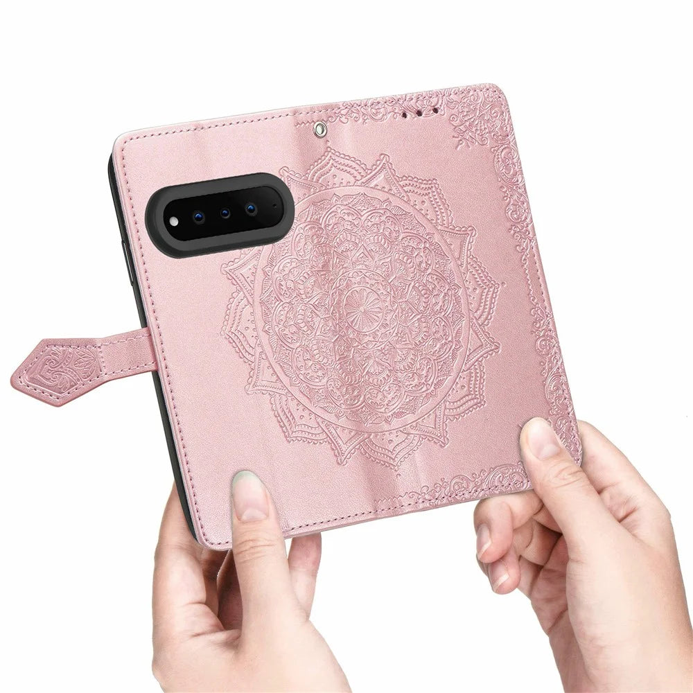 For Natural AI Phone Wallet Case Mandala Flower Leather Phone Cover Stand - Rose Gold - 4