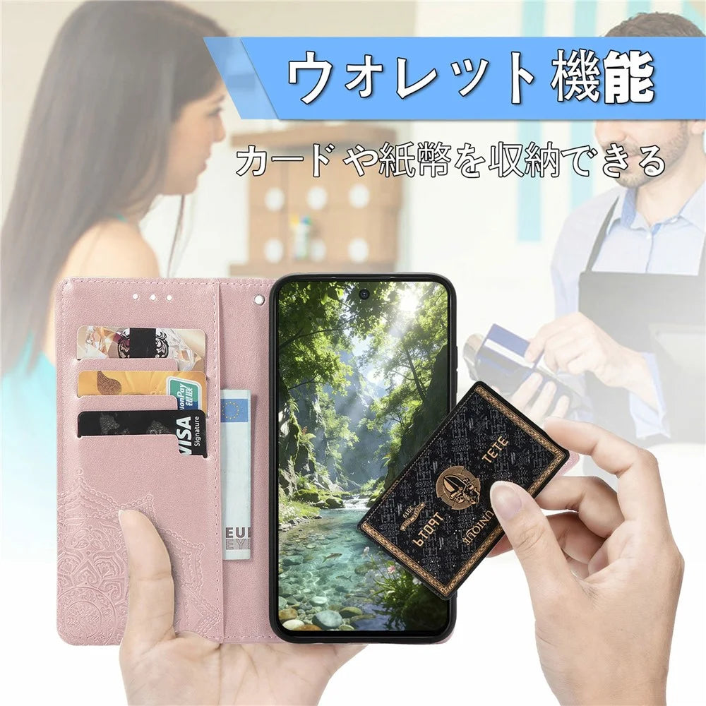 For Natural AI Phone Wallet Case Mandala Flower Leather Phone Cover Stand - Rose Gold - 6
