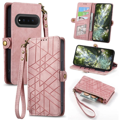 For Natural AI Phone Case Zipper Wallet Geometry Lines Leather Phone Cover with Strap - Pink - 1