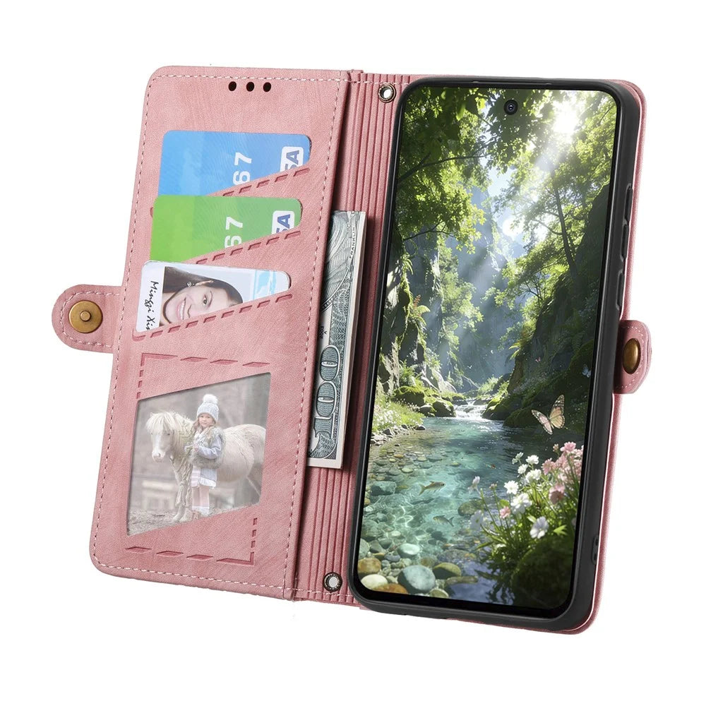 For Natural AI Phone Case Zipper Wallet Geometry Lines Leather Phone Cover with Strap - Pink - 2