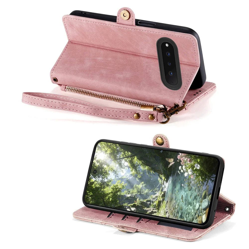 For Natural AI Phone Case Zipper Wallet Geometry Lines Leather Phone Cover with Strap - Pink - 3