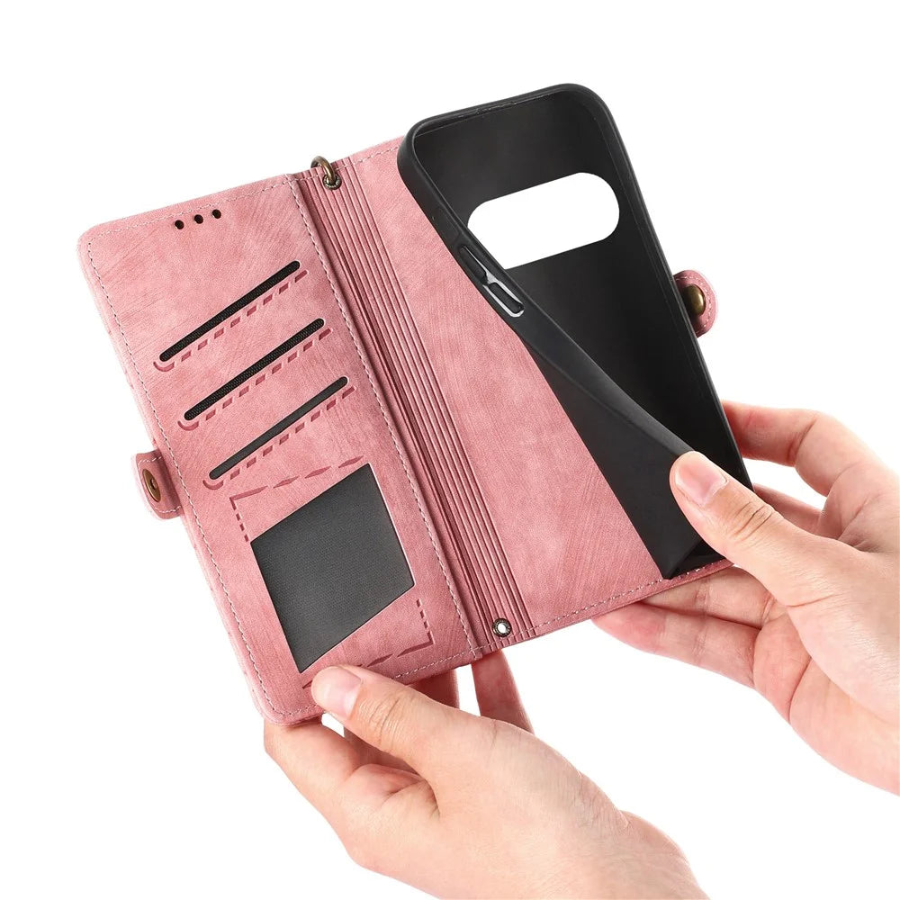 For Natural AI Phone Case Zipper Wallet Geometry Lines Leather Phone Cover with Strap - Pink - 4