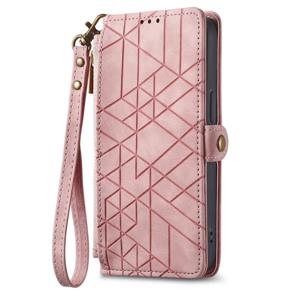 For Natural AI Phone Case Zipper Wallet Geometry Lines Leather Phone Cover with Strap - Pink - 5