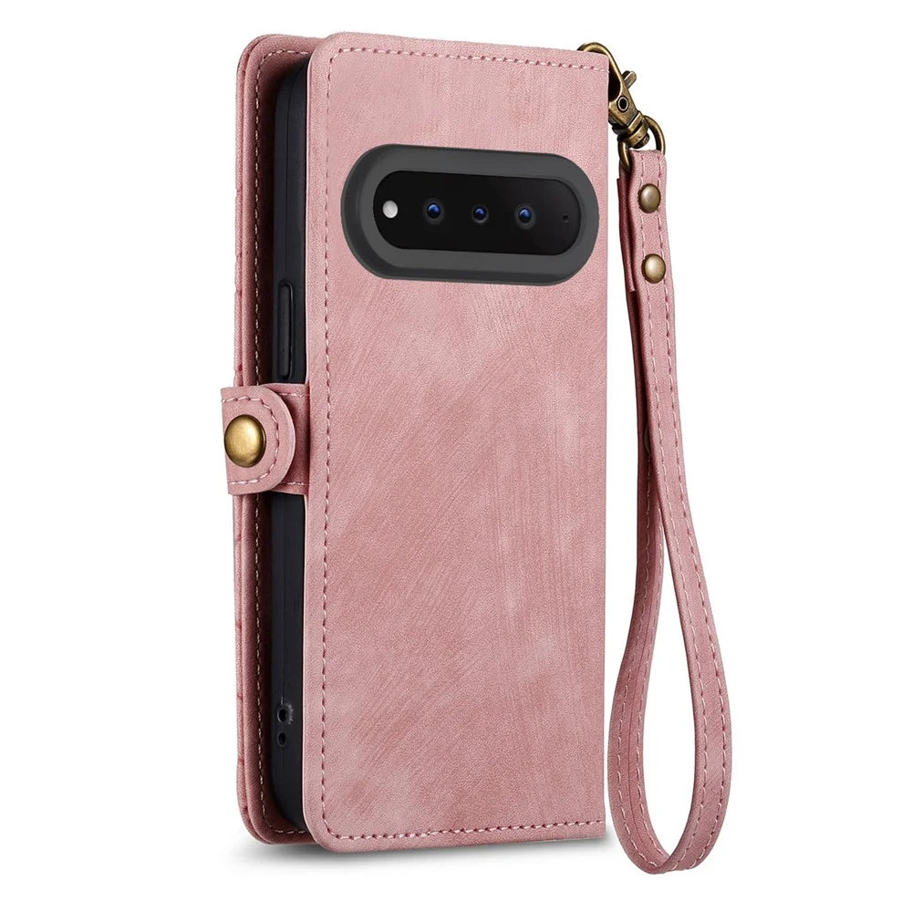 For Natural AI Phone Case Zipper Wallet Geometry Lines Leather Phone Cover with Strap - Pink - 6