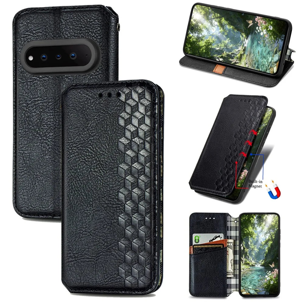 For Natural AI Phone Case Rhombus Imprint PU Leather Wallet Phone Cover - Black - 1