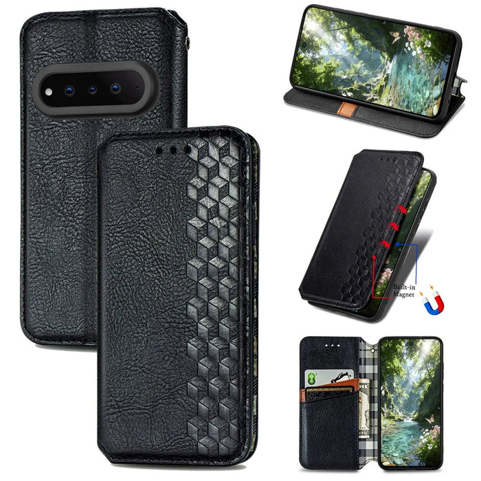 For Natural AI Phone Case Rhombus Imprint PU Leather Wallet Phone Cover - Black - 1