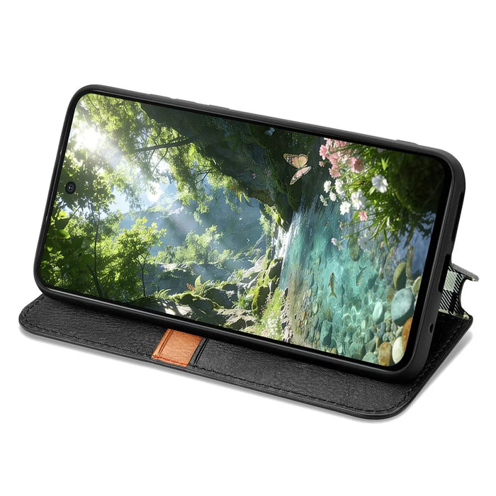 For Natural AI Phone Case Rhombus Imprint PU Leather Wallet Phone Cover - Black - 3