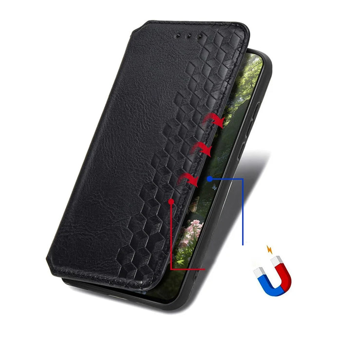 For Natural AI Phone Case Rhombus Imprint PU Leather Wallet Phone Cover - Black - 4