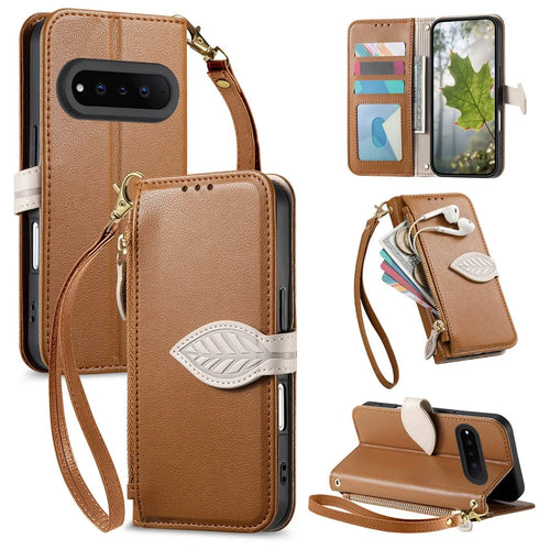 For Natural AI Phone Stand Case Leaf Shape Magnetic Clasp Leather Phone Cover with Hand Strap - Brown - 1