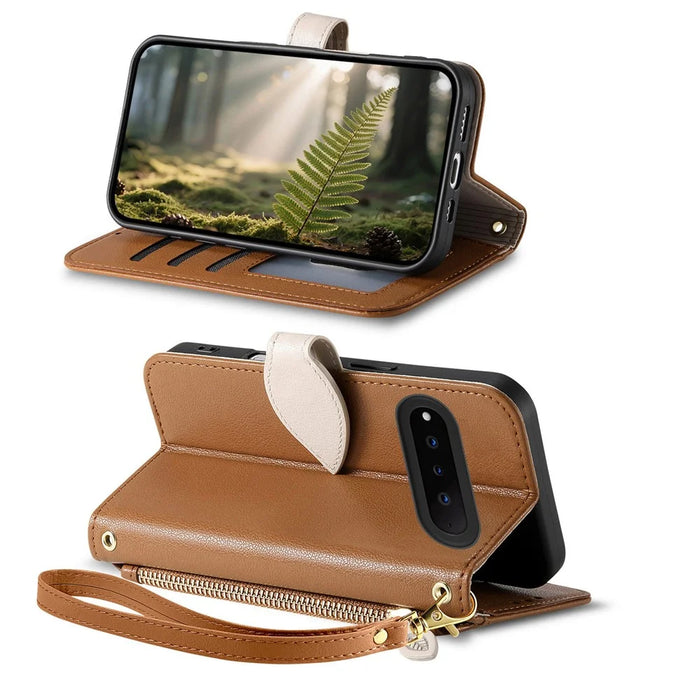 For Natural AI Phone Stand Case Leaf Shape Magnetic Clasp Leather Phone Cover with Hand Strap - Brown - 3