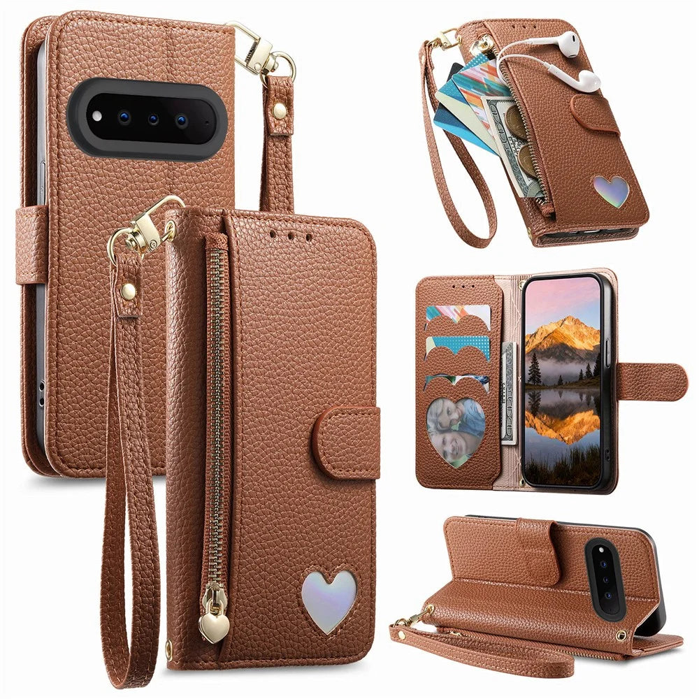 For Natural AI Phone Case Zipper Pocket TPU PU Leather Wallet Phone Cover with Strap - Brown - 1