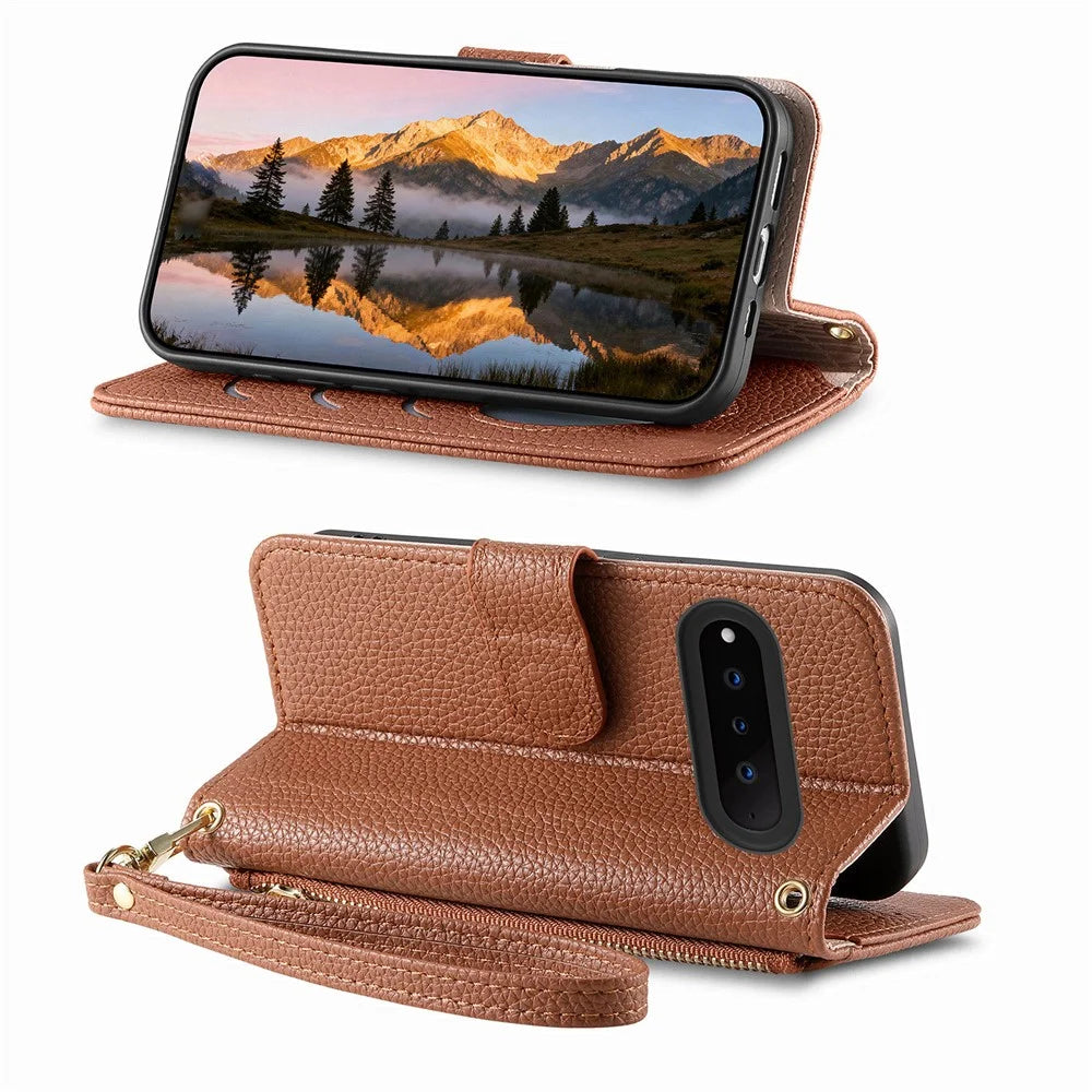 For Natural AI Phone Case Zipper Pocket TPU PU Leather Wallet Phone Cover with Strap - Brown - 2