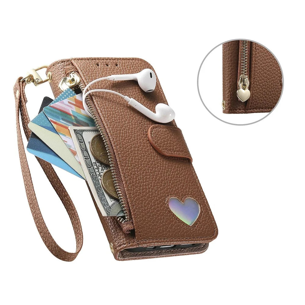 For Natural AI Phone Case Zipper Pocket TPU PU Leather Wallet Phone Cover with Strap - Brown - 5