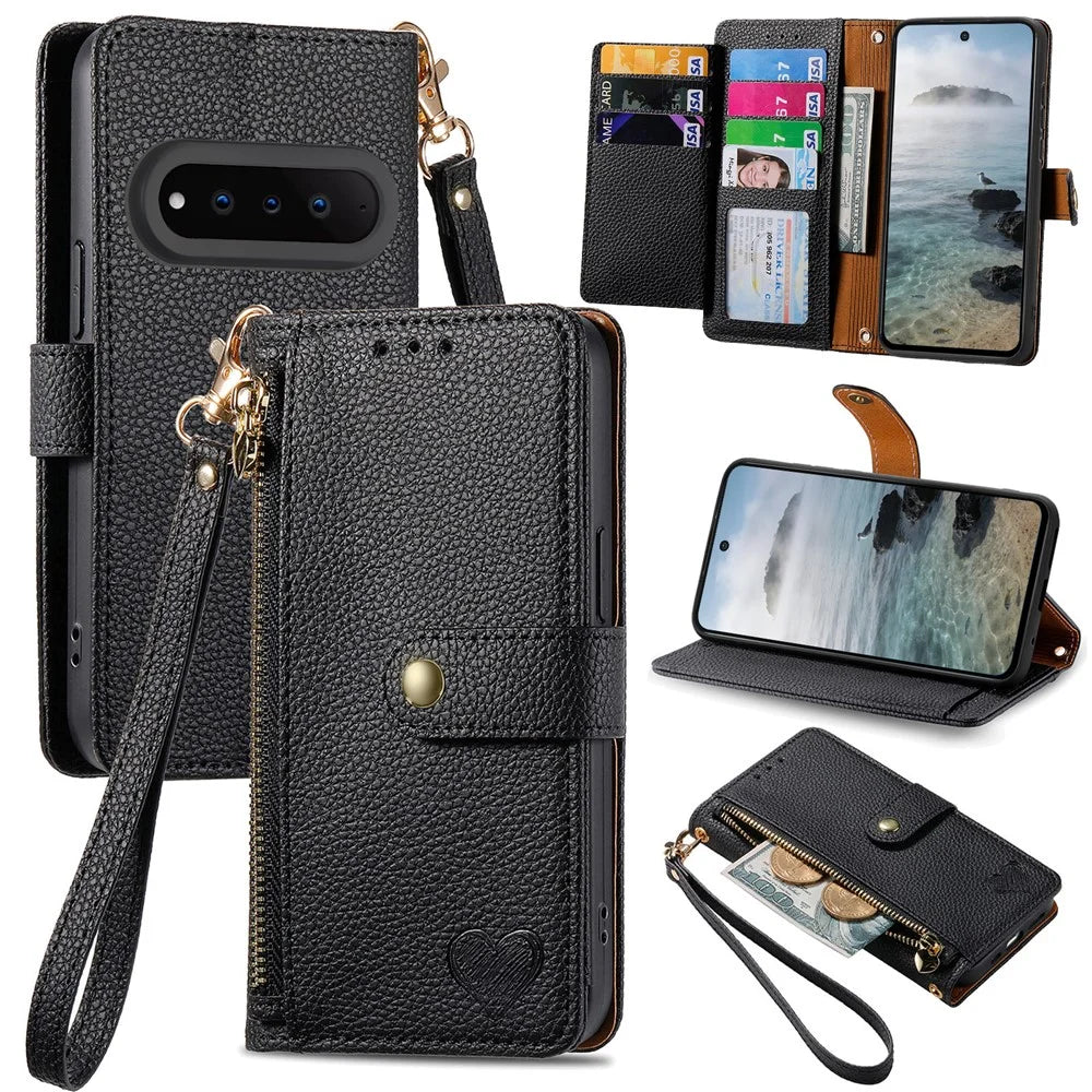 For Natural AI Phone Case RFID Blocking Zipper Pocket Leather Wallet Phone Cover with Strap - Black - 1