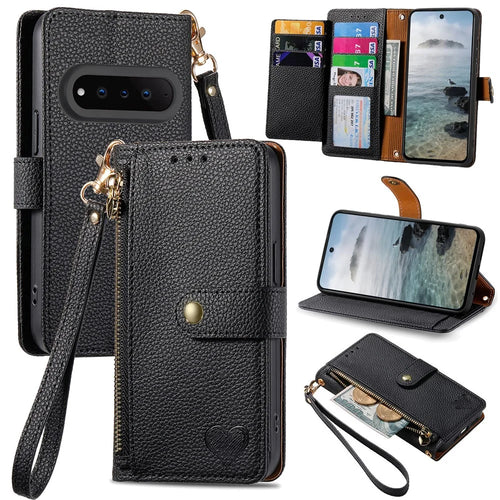 For Natural AI Phone Case RFID Blocking Zipper Pocket Leather Wallet Phone Cover with Strap - Black - 1