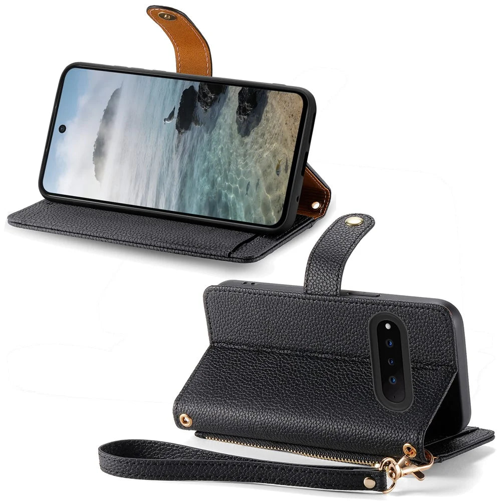 For Natural AI Phone Case RFID Blocking Zipper Pocket Leather Wallet Phone Cover with Strap - Black - 3