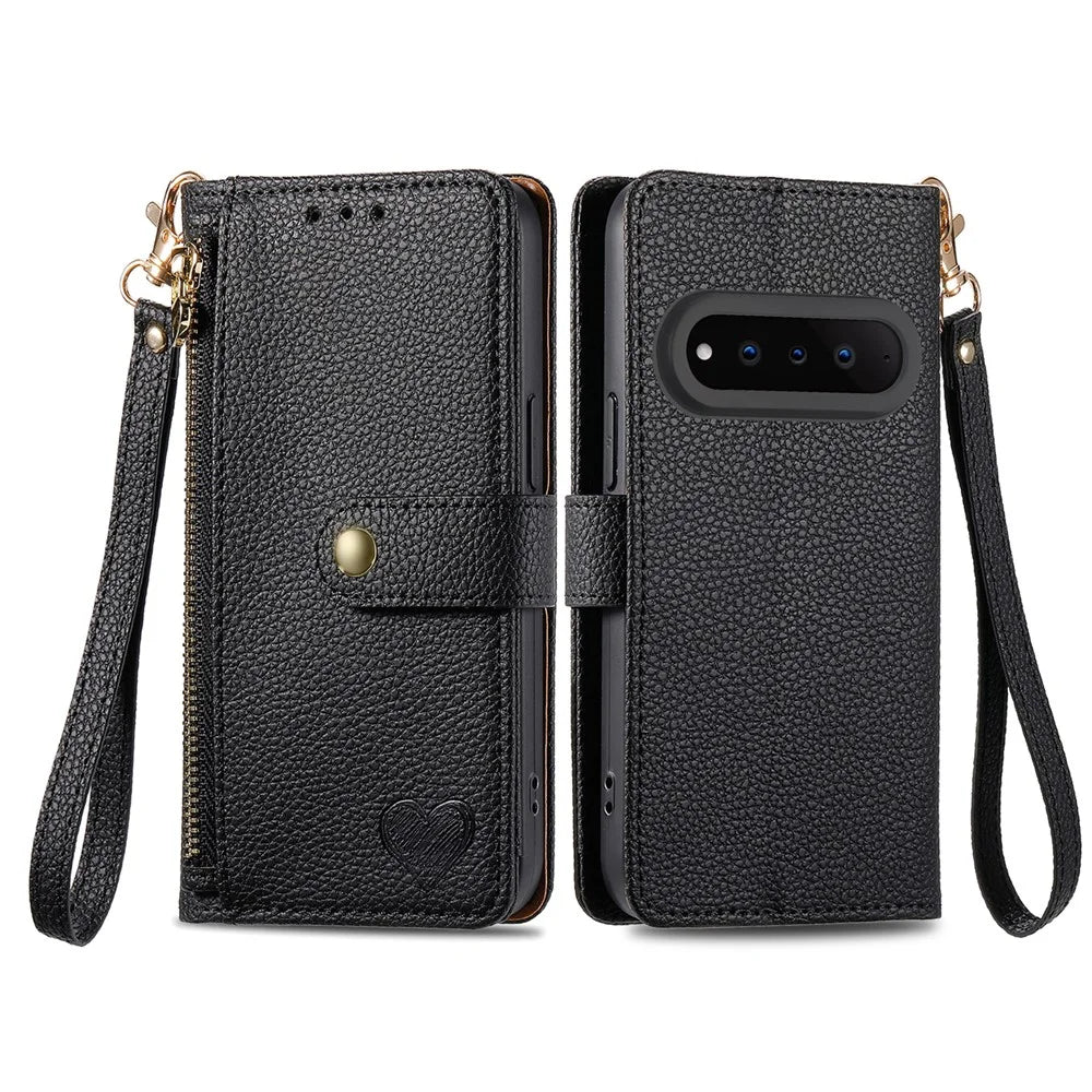 For Natural AI Phone Case RFID Blocking Zipper Pocket Leather Wallet Phone Cover with Strap - Black - 4