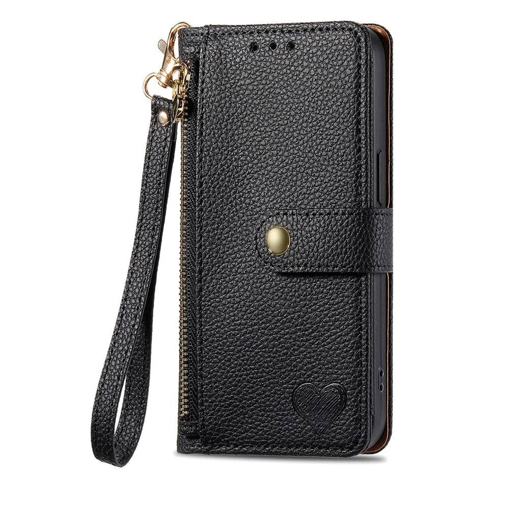 For Natural AI Phone Case RFID Blocking Zipper Pocket Leather Wallet Phone Cover with Strap - Black - 5