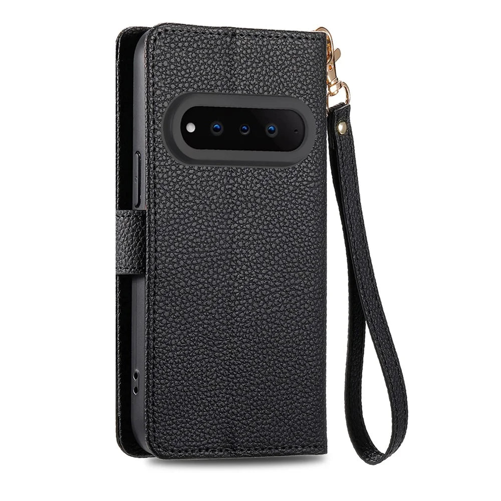 For Natural AI Phone Case RFID Blocking Zipper Pocket Leather Wallet Phone Cover with Strap - Black - 6