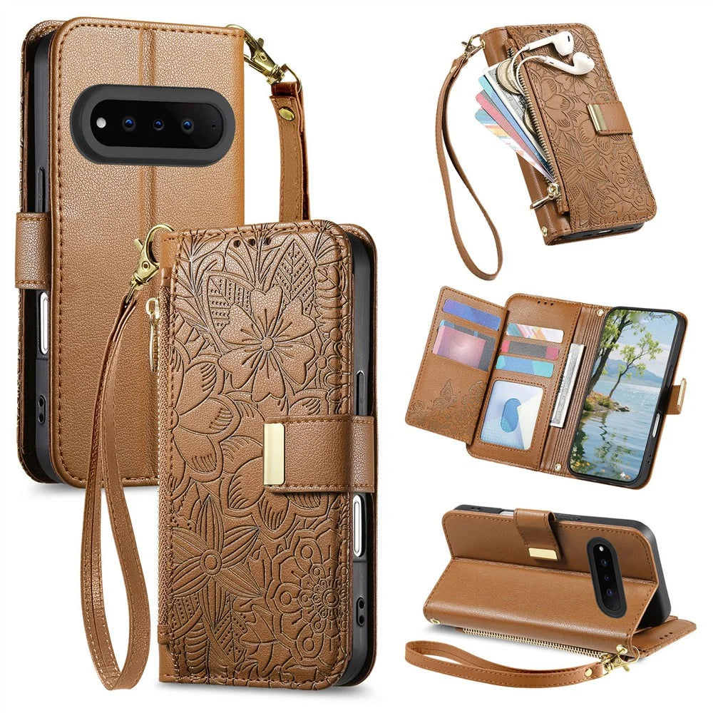 For Natural AI Phone Case Floral Leaf Pattern Multi Card Slots Zipper Leather Phone Cover with Wrist Strap - Brown - 1
