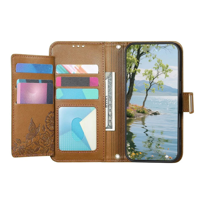 For Natural AI Phone Case Floral Leaf Pattern Multi Card Slots Zipper Leather Phone Cover with Wrist Strap - Brown - 2