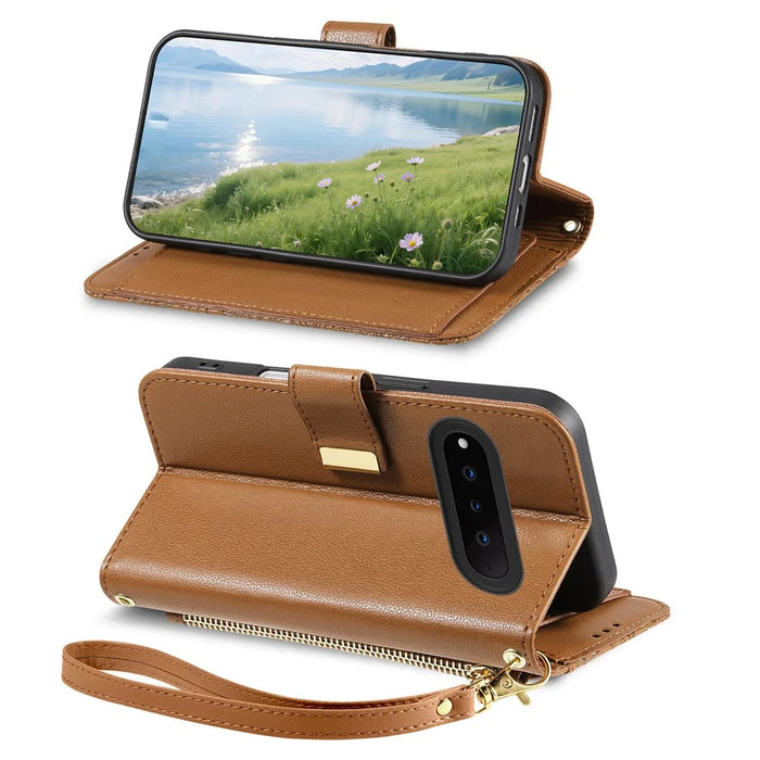 For Natural AI Phone Case Floral Leaf Pattern Multi Card Slots Zipper Leather Phone Cover with Wrist Strap - Brown - 4