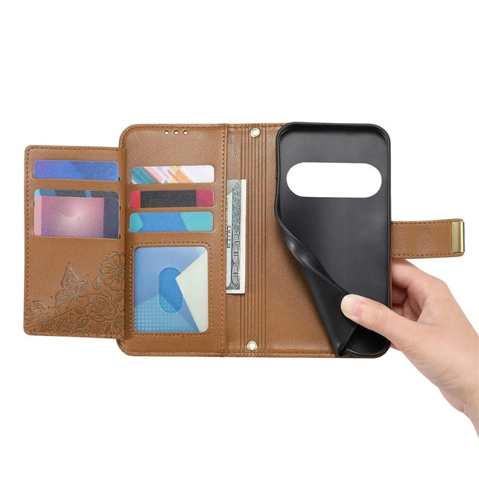 For Natural AI Phone Case Floral Leaf Pattern Multi Card Slots Zipper Leather Phone Cover with Wrist Strap - Brown - 5