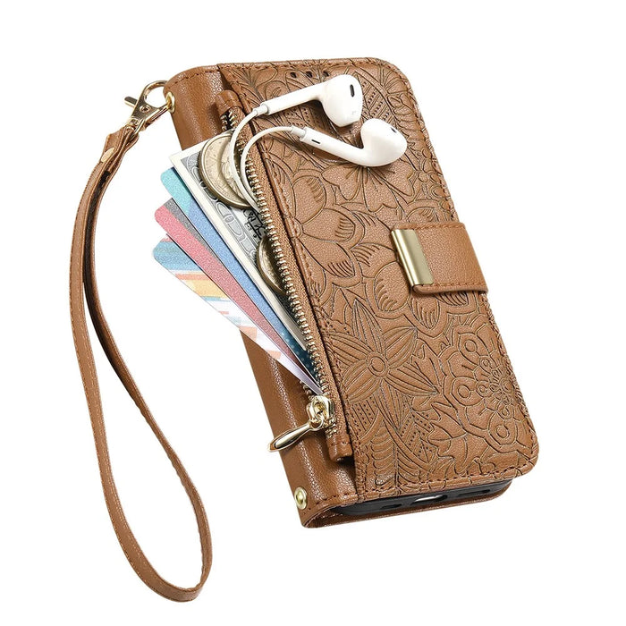 For Natural AI Phone Case Floral Leaf Pattern Multi Card Slots Zipper Leather Phone Cover with Wrist Strap - Brown - 6
