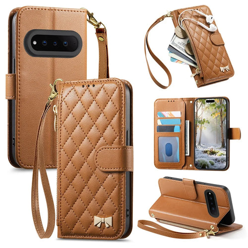 For Natural AI Phone Stand Case Imprint TPU PU Leather Zipper Pocket Wallet Phone Cover with Strap - Brown - 1