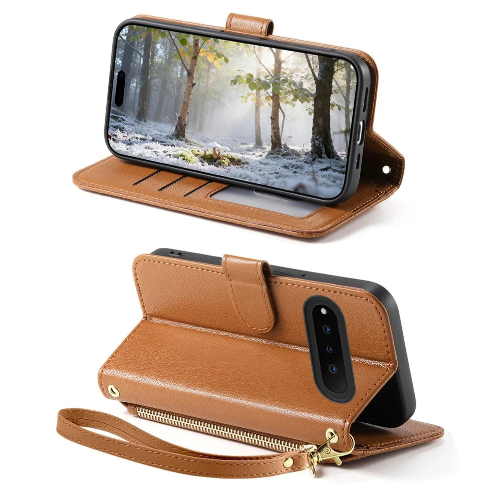 For Natural AI Phone Stand Case Imprint TPU PU Leather Zipper Pocket Wallet Phone Cover with Strap - Brown - 3