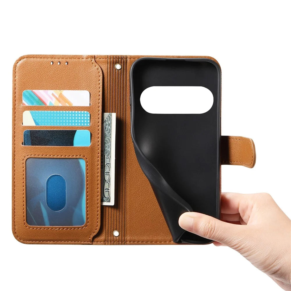 For Natural AI Phone Stand Case Imprint TPU PU Leather Zipper Pocket Wallet Phone Cover with Strap - Brown - 4