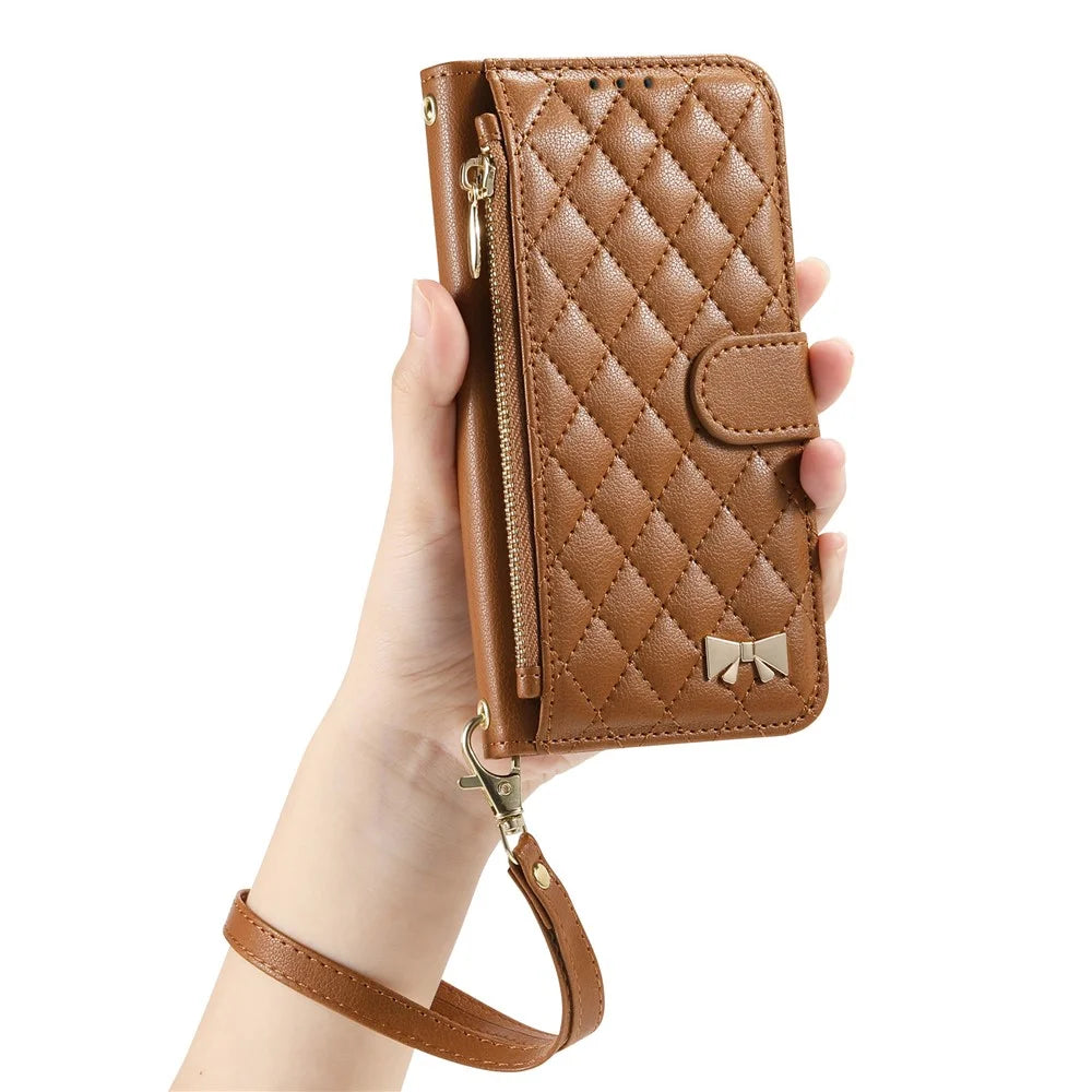 For Natural AI Phone Stand Case Imprint TPU PU Leather Zipper Pocket Wallet Phone Cover with Strap - Brown - 6