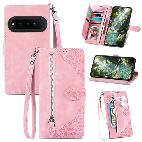For Natural AI Phone Zipper Wallet Case with Strap Flower Imprint PU Leather Phone Cover - Pink - 1
