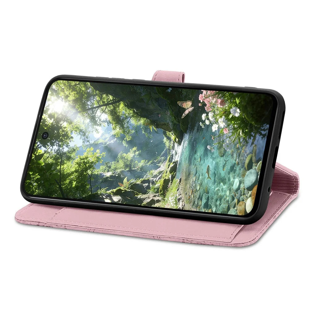 For Natural AI Phone Zipper Wallet Case with Strap Flower Imprint PU Leather Phone Cover - Pink - 3