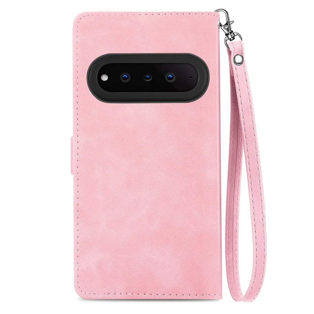 For Natural AI Phone Zipper Wallet Case with Strap Flower Imprint PU Leather Phone Cover - Pink - 6