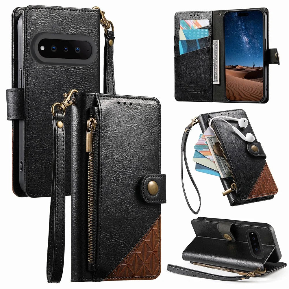 For Natural AI Phone Case Color Splicing TPU PU Leather Flip Shockproof Phone Cover with Wrist Strap - Black - 1